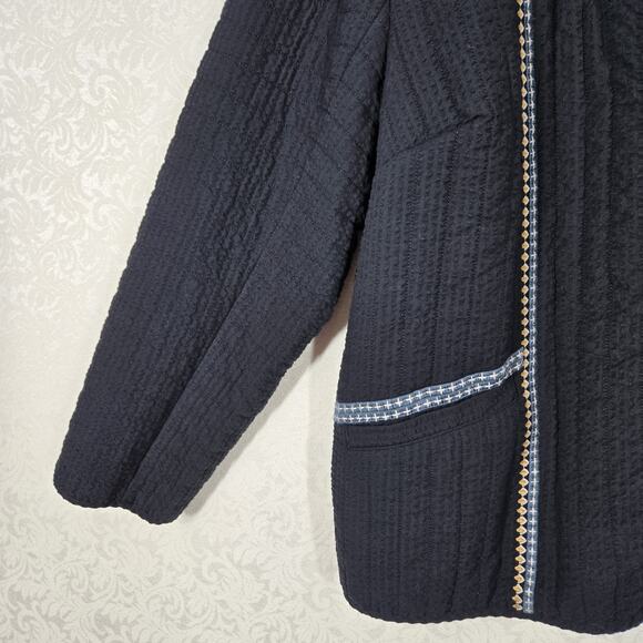 J Jill Pure Jill Seersucker Jacket Blazer XL TALL Black Open Front Embroidered - Picture 5 of 16